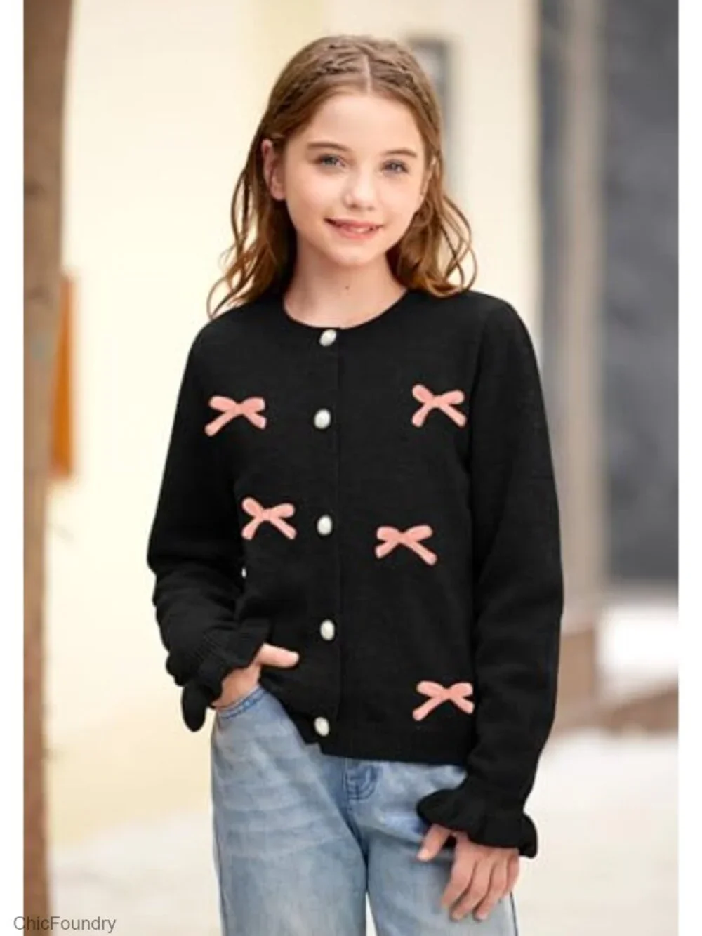 Knit Ruffle Sleeve Cardigan Sweater with 3D Bow Button Down